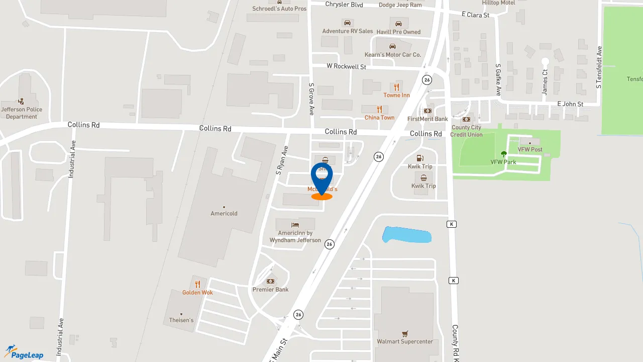 https://pageleap.com map showing location of McDonald&#039;s in Jefferson.