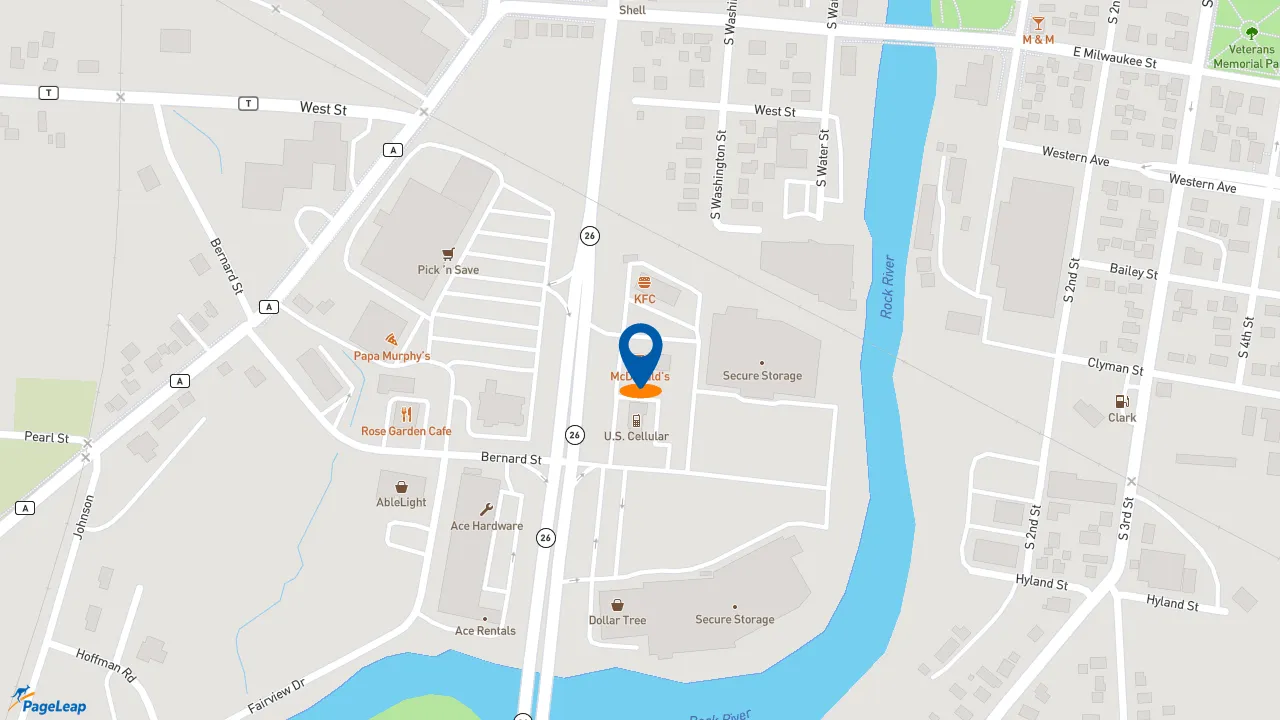 https://pageleap.com map showing location of McDonald&#039;s in Watertown.