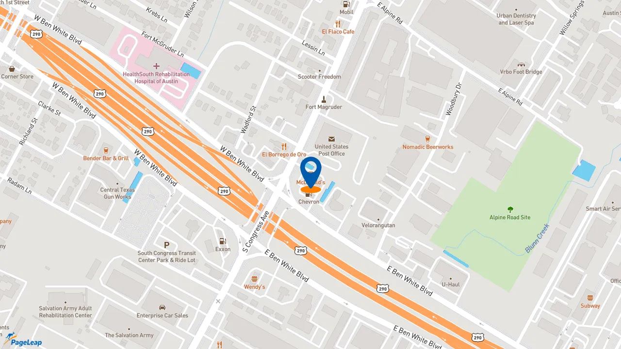 https://pageleap.com map showing location of McDonald&#039;s in Austin.