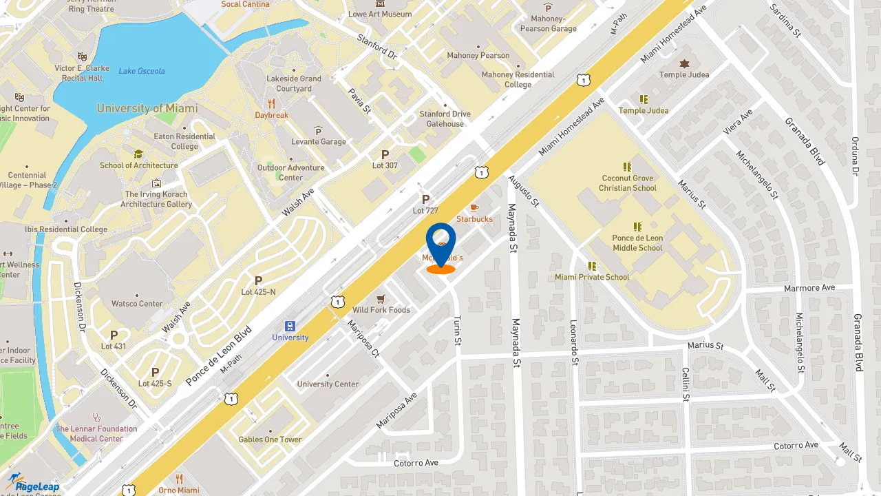 https://pageleap.com map showing location of McDonald&#039;s in Coral Gables.