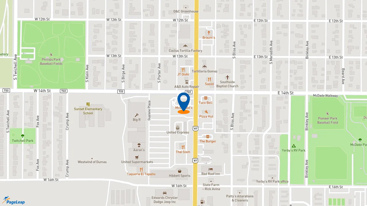 https://pageleap.com map showing location of McDonald&#039;s in Dumas.
