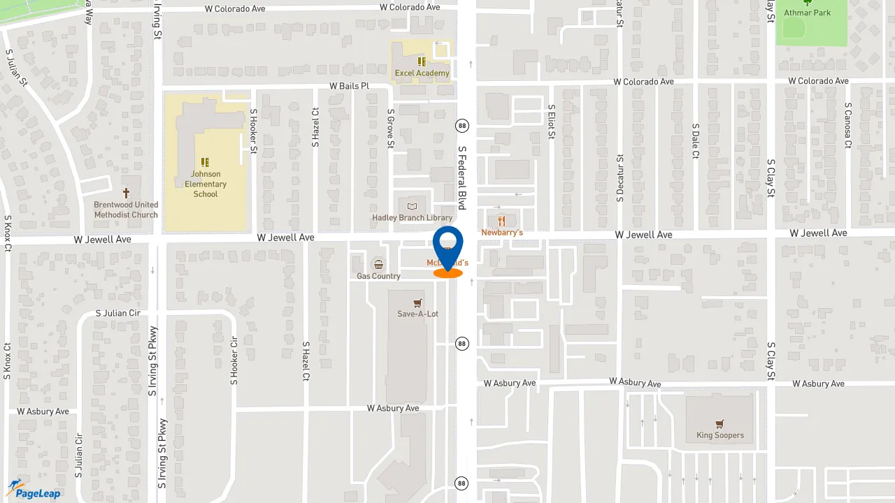https://pageleap.com map showing location of McDonald&#039;s in Denver.