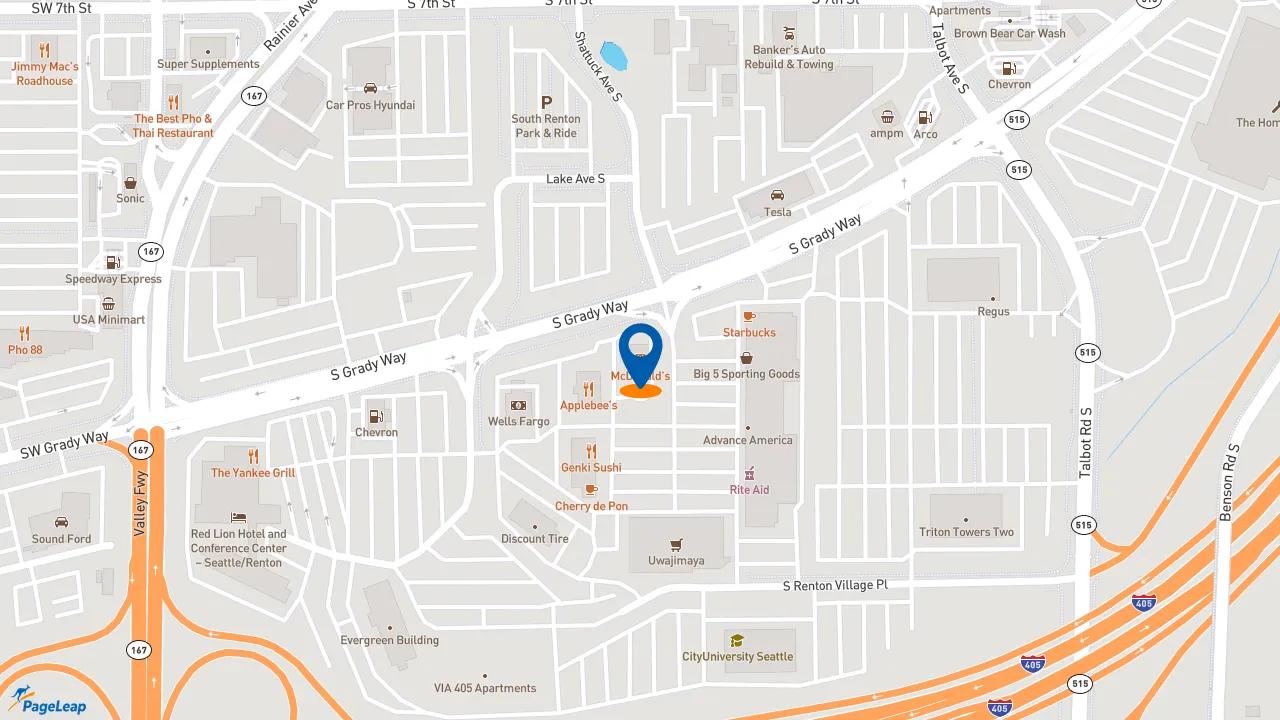https://pageleap.com map showing location of McDonald&#039;s in Renton.