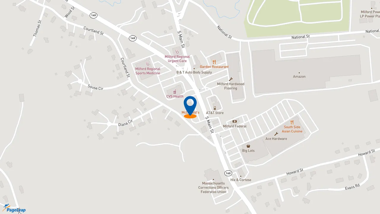 https://pageleap.com map showing location of McDonald&#039;s in Milford.