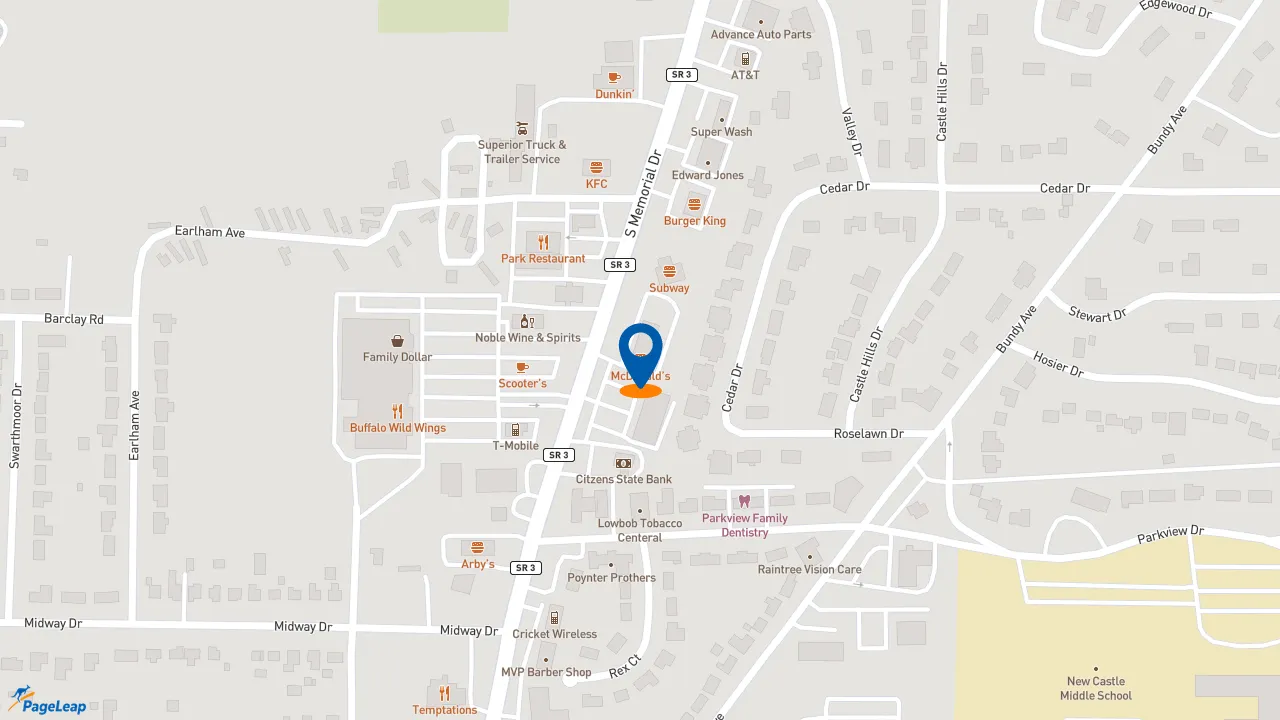 https://pageleap.com map showing location of McDonald&#039;s in New Castle.