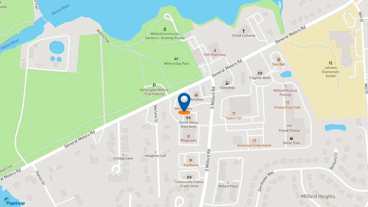 https://pageleap.com map showing location of McDonald&#039;s in Milford Charter Township.