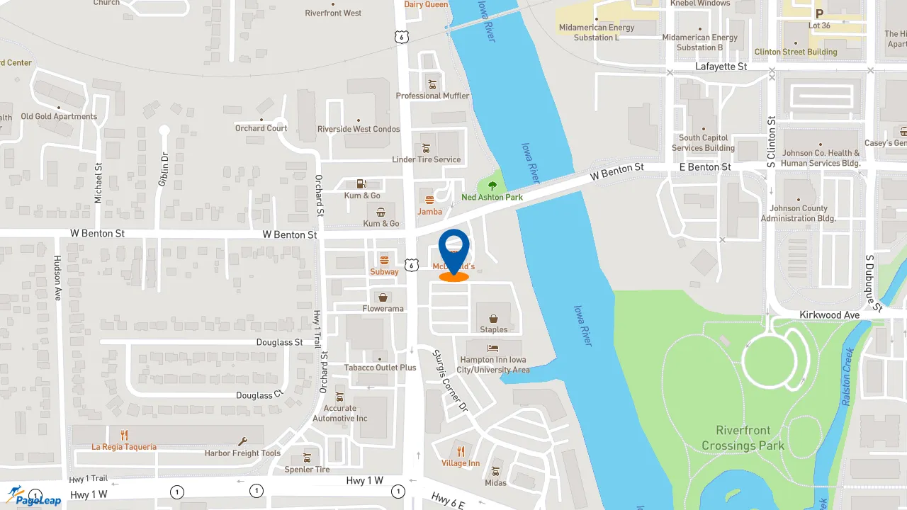 https://pageleap.com map showing location of McDonald&#039;s in Iowa City.