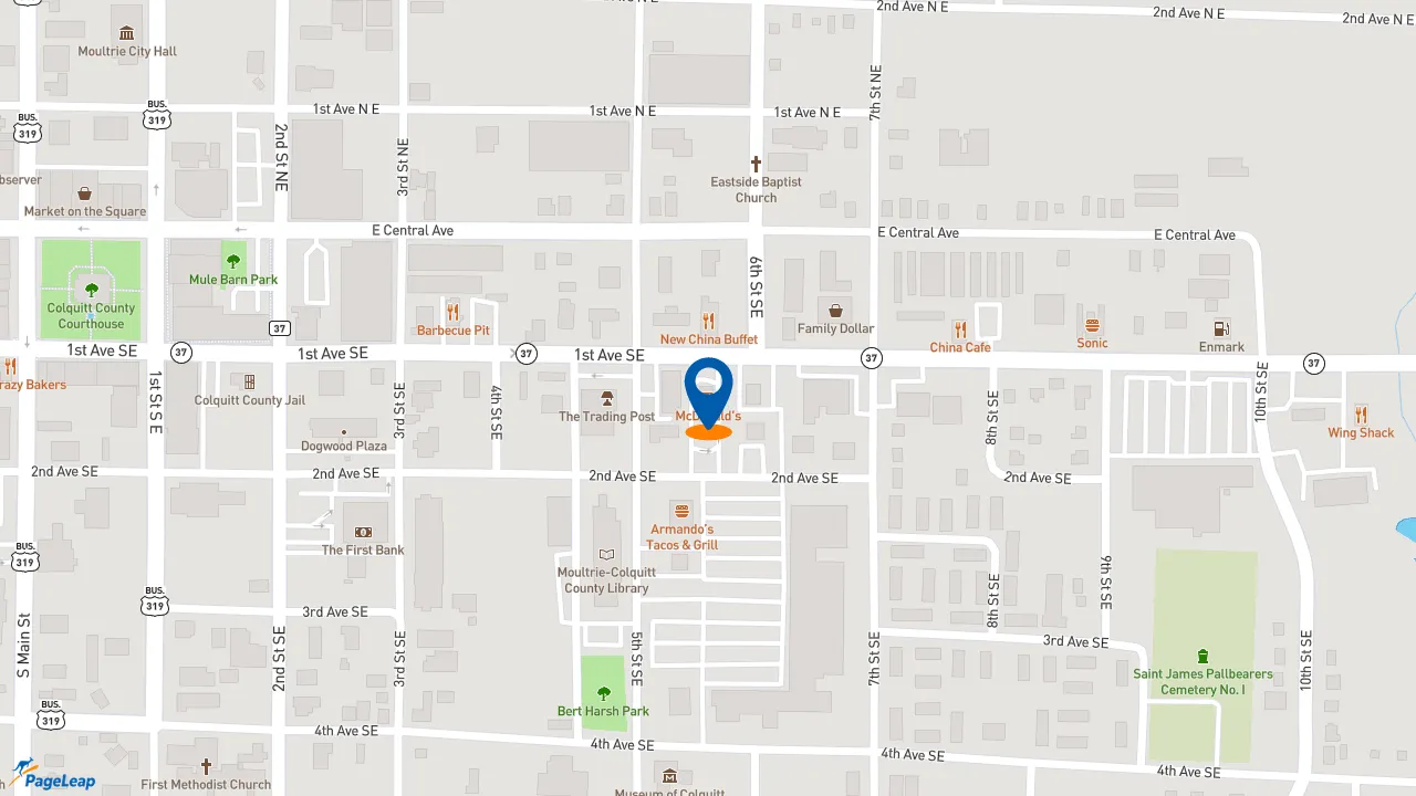 https://pageleap.com map showing location of McDonald&#039;s in Moultrie.