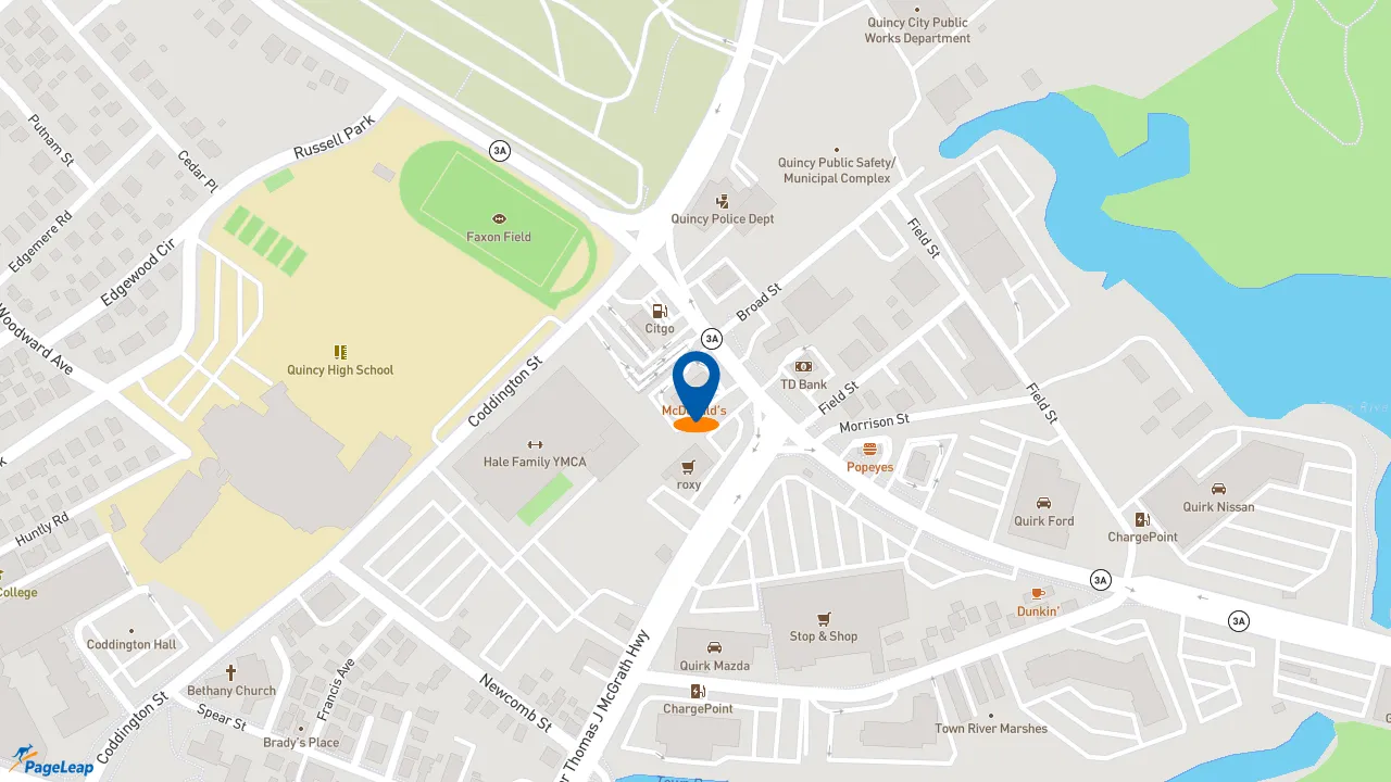 https://pageleap.com map showing location of McDonald&#039;s in Quincy.