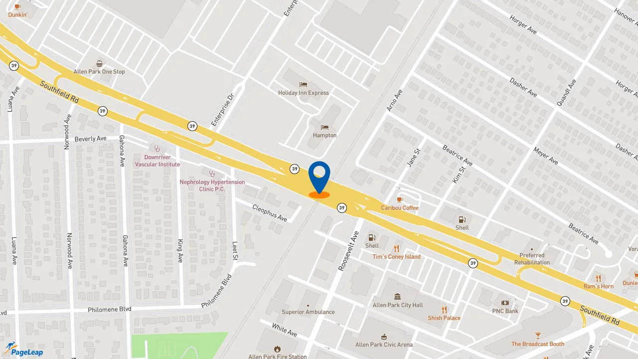 https://pageleap.com map showing location of McDonald&#039;s in Allen Park.