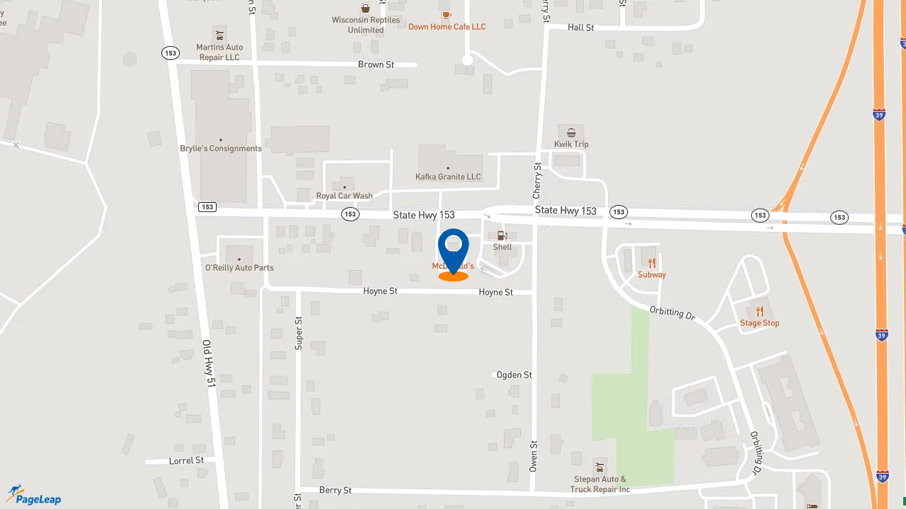 https://pageleap.com map showing location of McDonald&#039;s in Mosinee.