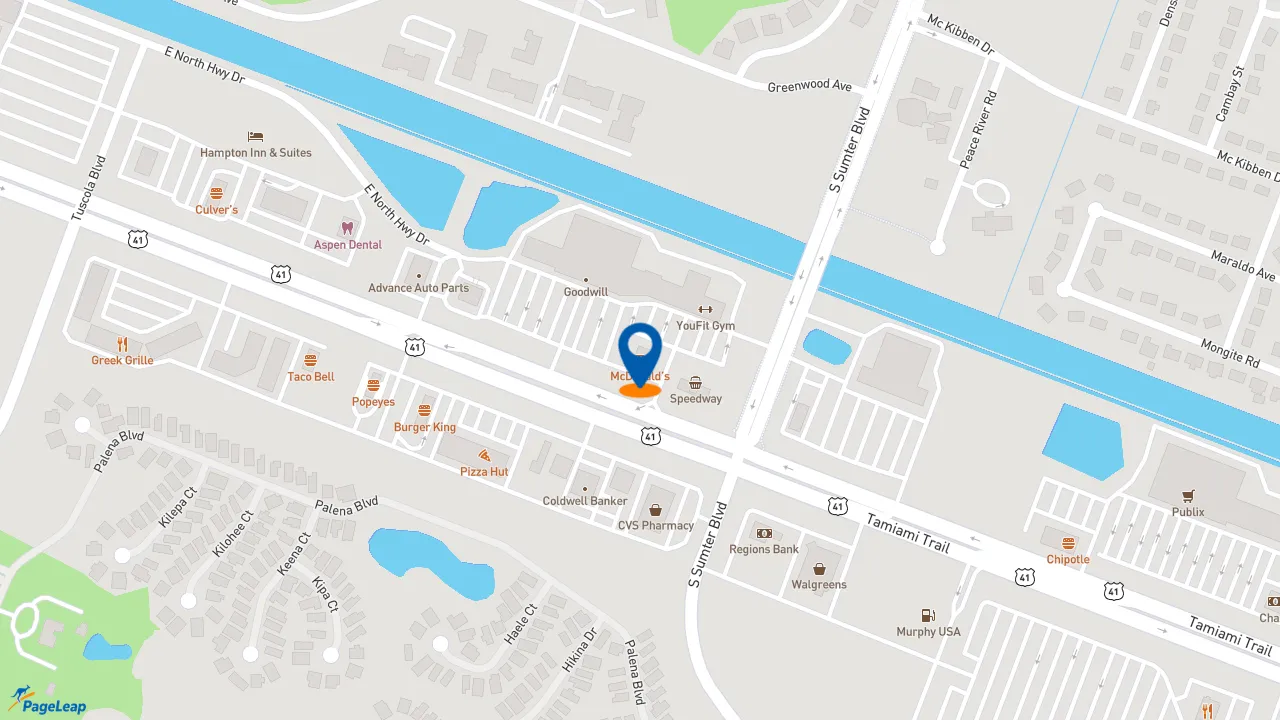 https://pageleap.com map showing location of McDonald&#039;s in North Port.