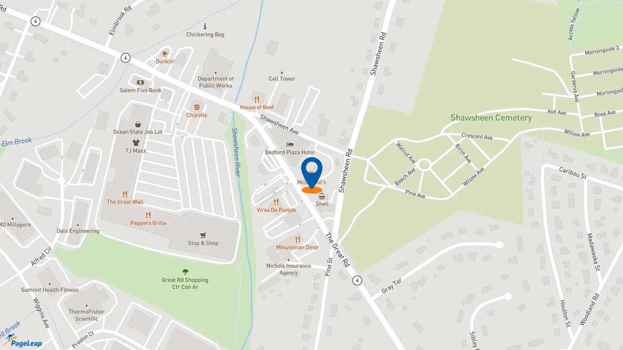 https://pageleap.com map showing location of McDonald&#039;s in Bedford.