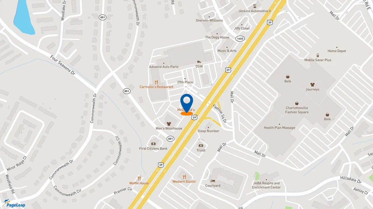 https://pageleap.com map showing location of McDonald&#039;s in Charlottesville.