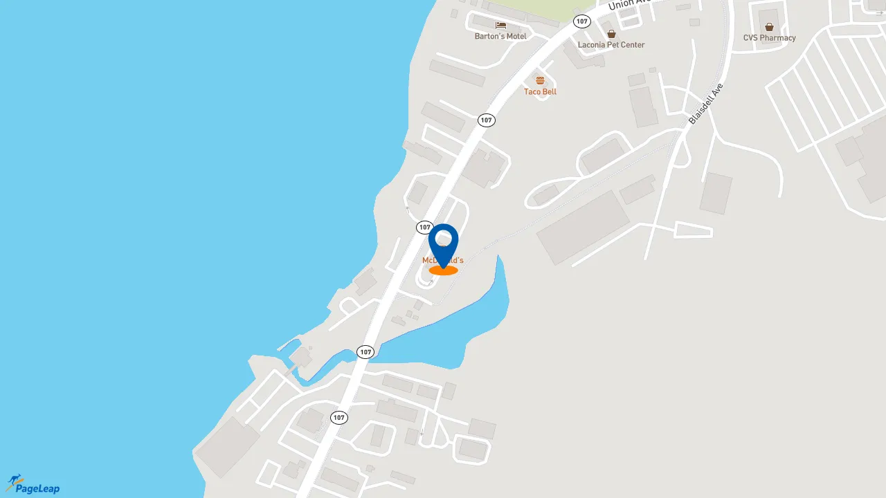 https://pageleap.com map showing location of McDonald&#039;s in Laconia.