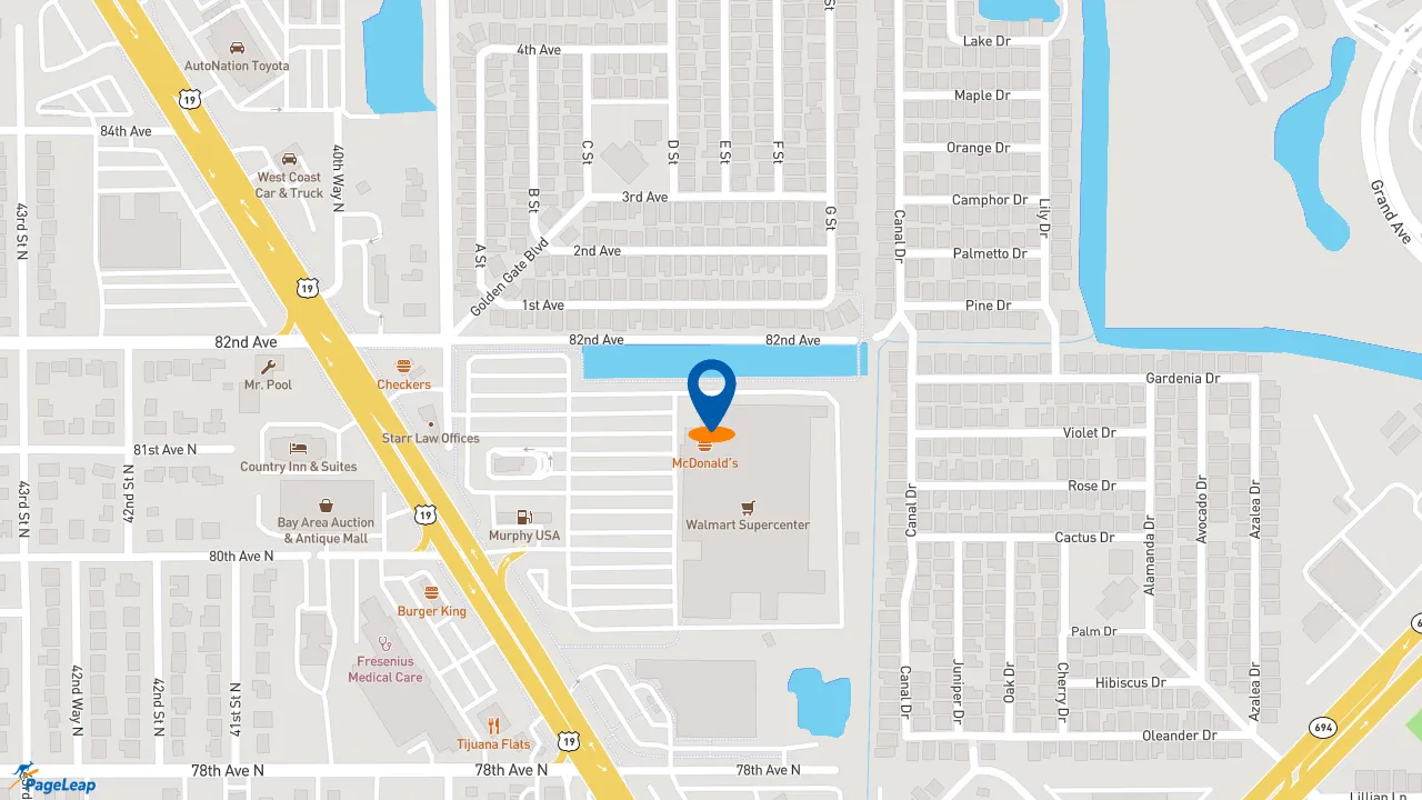 PageLeap.com map showing location of McDonald's in Pinellas Park.