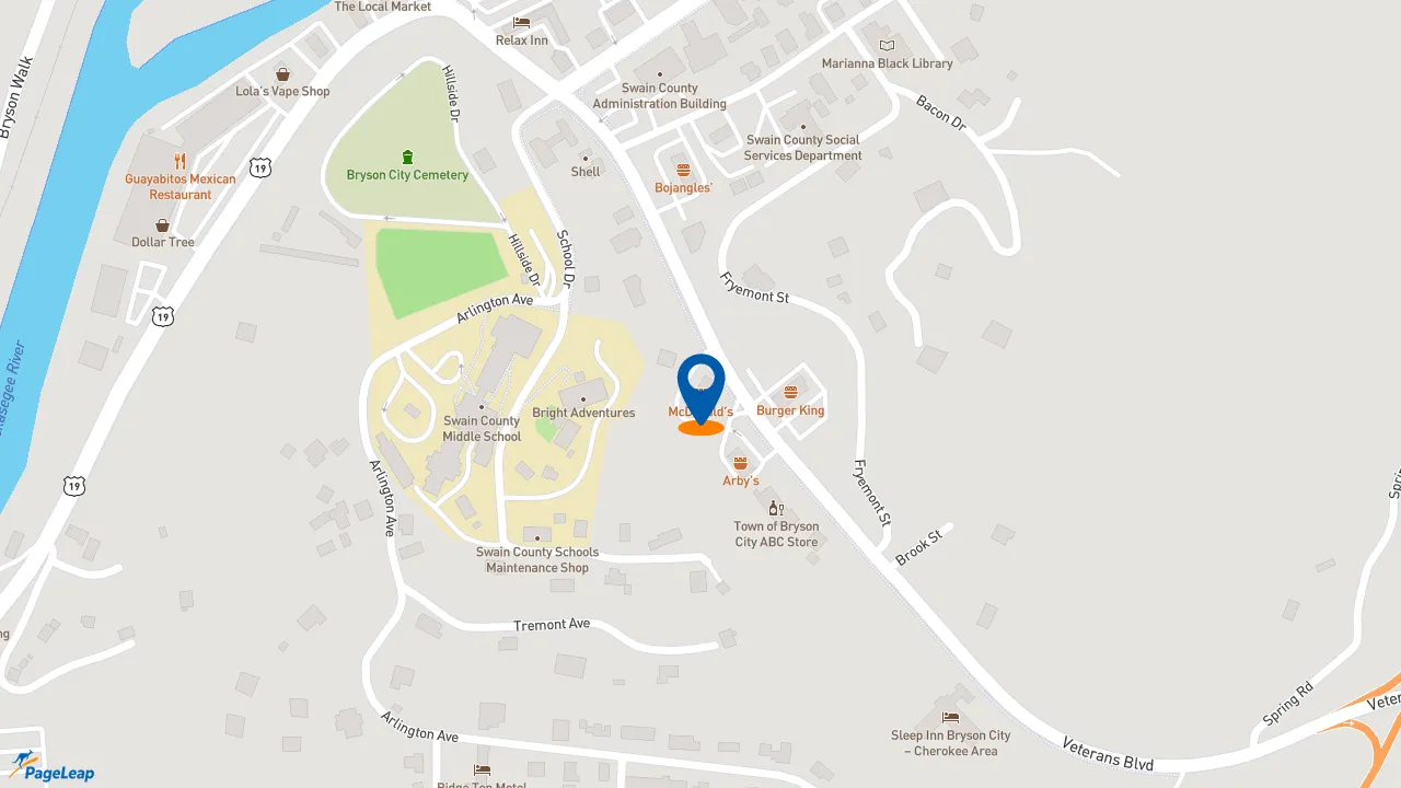 https://pageleap.com map showing location of McDonald&#039;s in Bryson City.