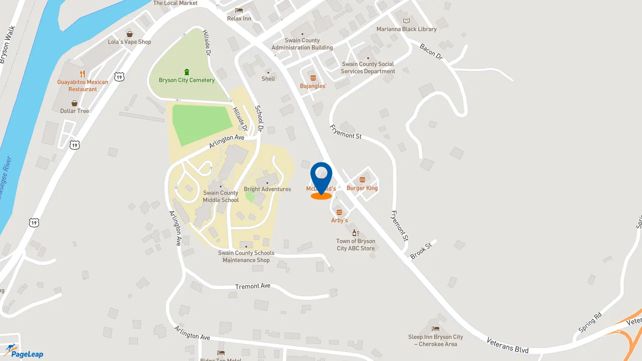 https://pageleap.com map showing location of McDonald&#039;s in Bryson City.