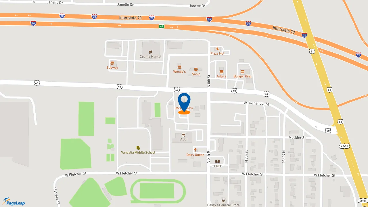 https://pageleap.com map showing location of McDonald&#039;s in Vandalia.