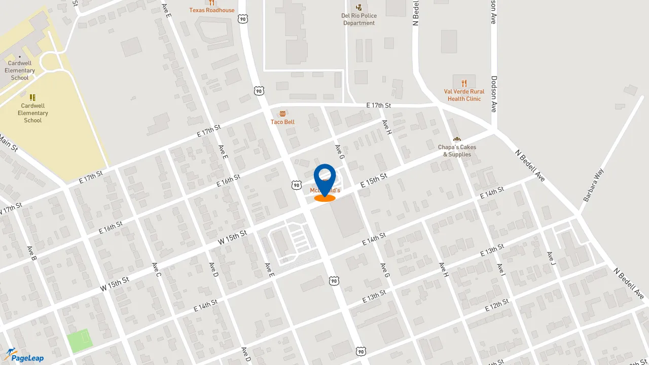 https://pageleap.com map showing location of McDonald&#039;s in Del Rio.
