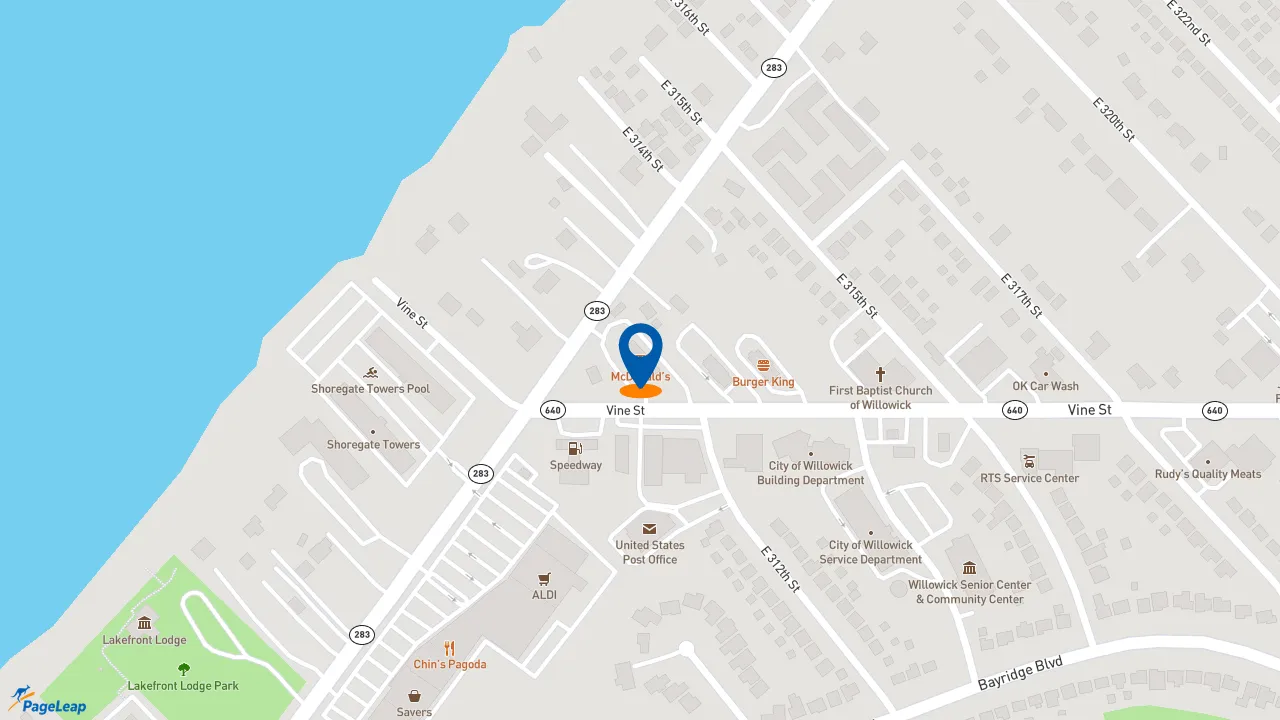 https://pageleap.com map showing location of McDonald&#039;s in Willowick.