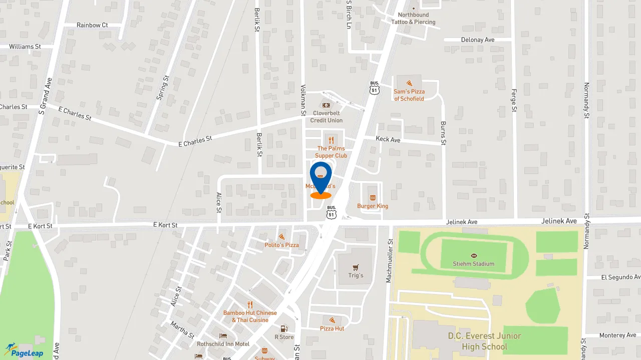 https://pageleap.com map showing location of McDonald&#039;s in Schofield.