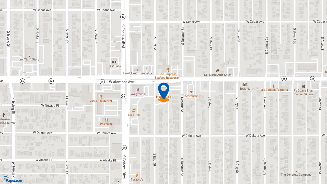 https://pageleap.com map showing location of McDonald&#039;s in Denver.