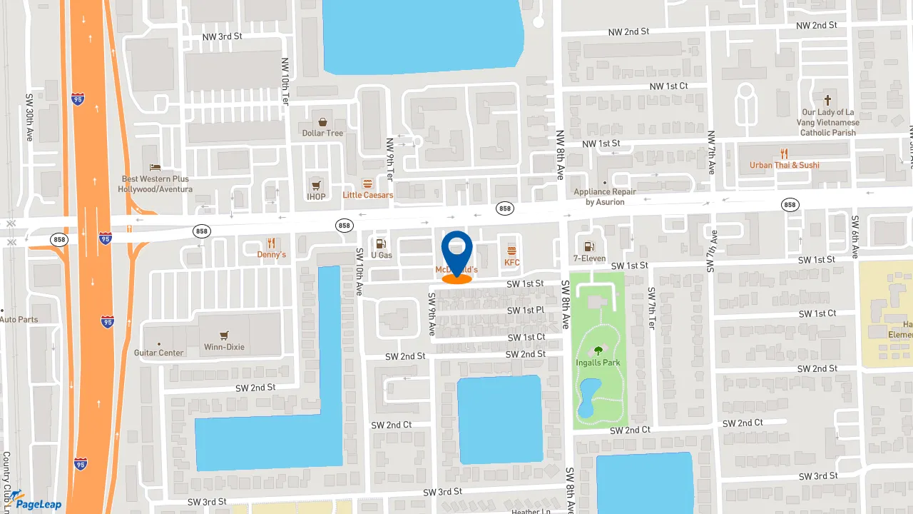 https://pageleap.com map showing location of McDonald&#039;s in Hallandale.