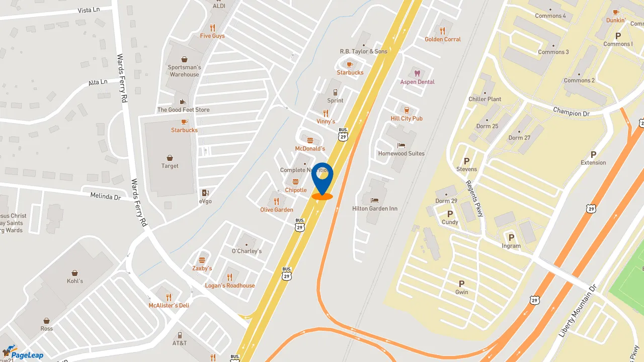 https://pageleap.com map showing location of McDonald&#039;s in Lynchburg.