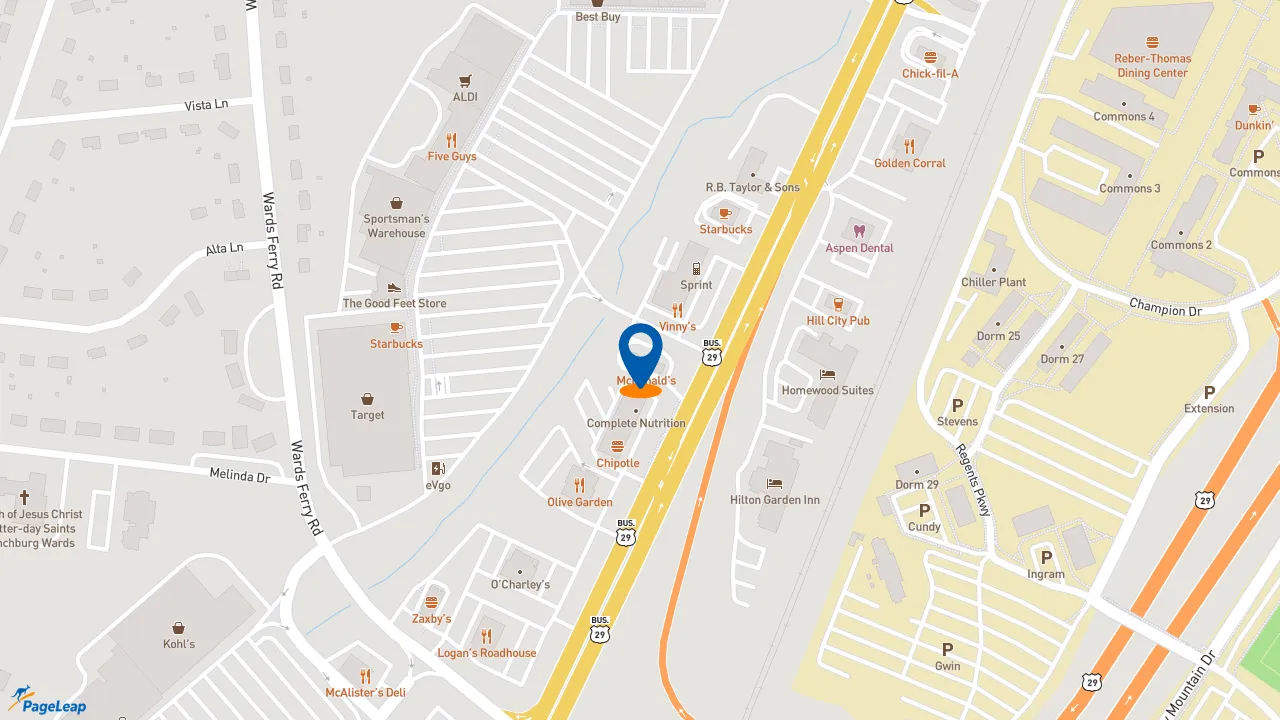 https://pageleap.com map showing location of McDonald&#039;s in Lynchburg.