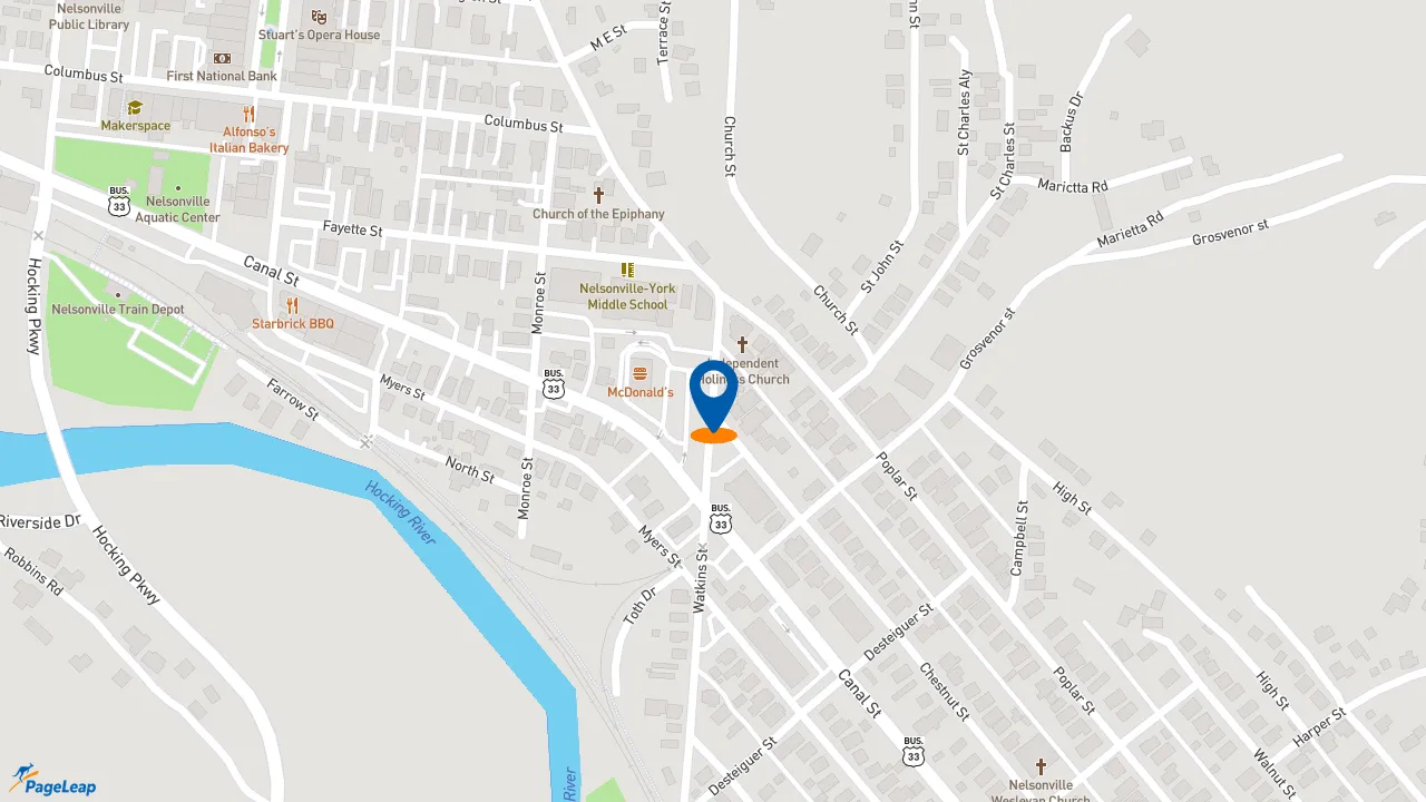 https://pageleap.com map showing location of McDonald&#039;s in Nelsonville.