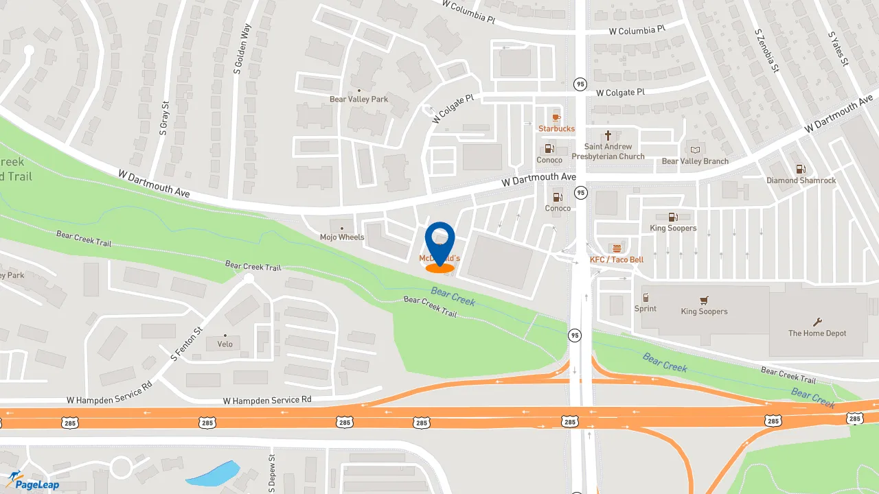 https://pageleap.com map showing location of McDonald&#039;s in Denver.