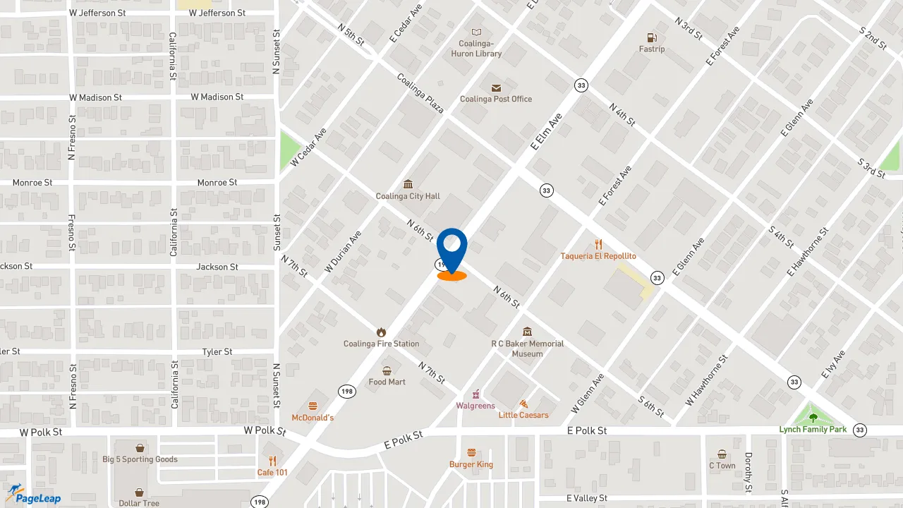 https://pageleap.com map showing location of McDonald&#039;s in Coalinga.