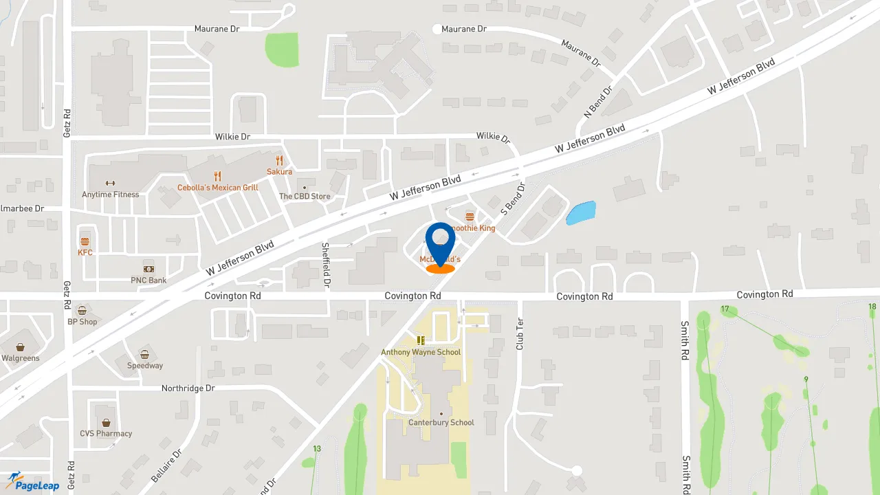 https://pageleap.com map showing location of McDonald&#039;s in Fort Wayne.