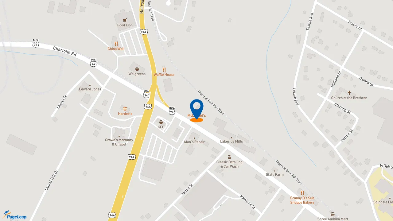 PageLeap.com map showing location of McDonald's in Rutherfordton.