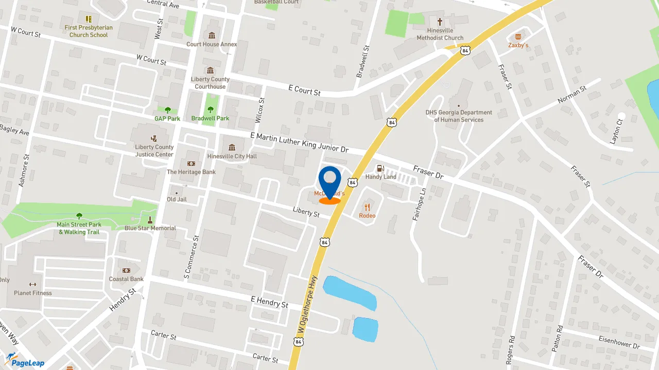 https://pageleap.com map showing location of McDonald&#039;s in Hinesville.