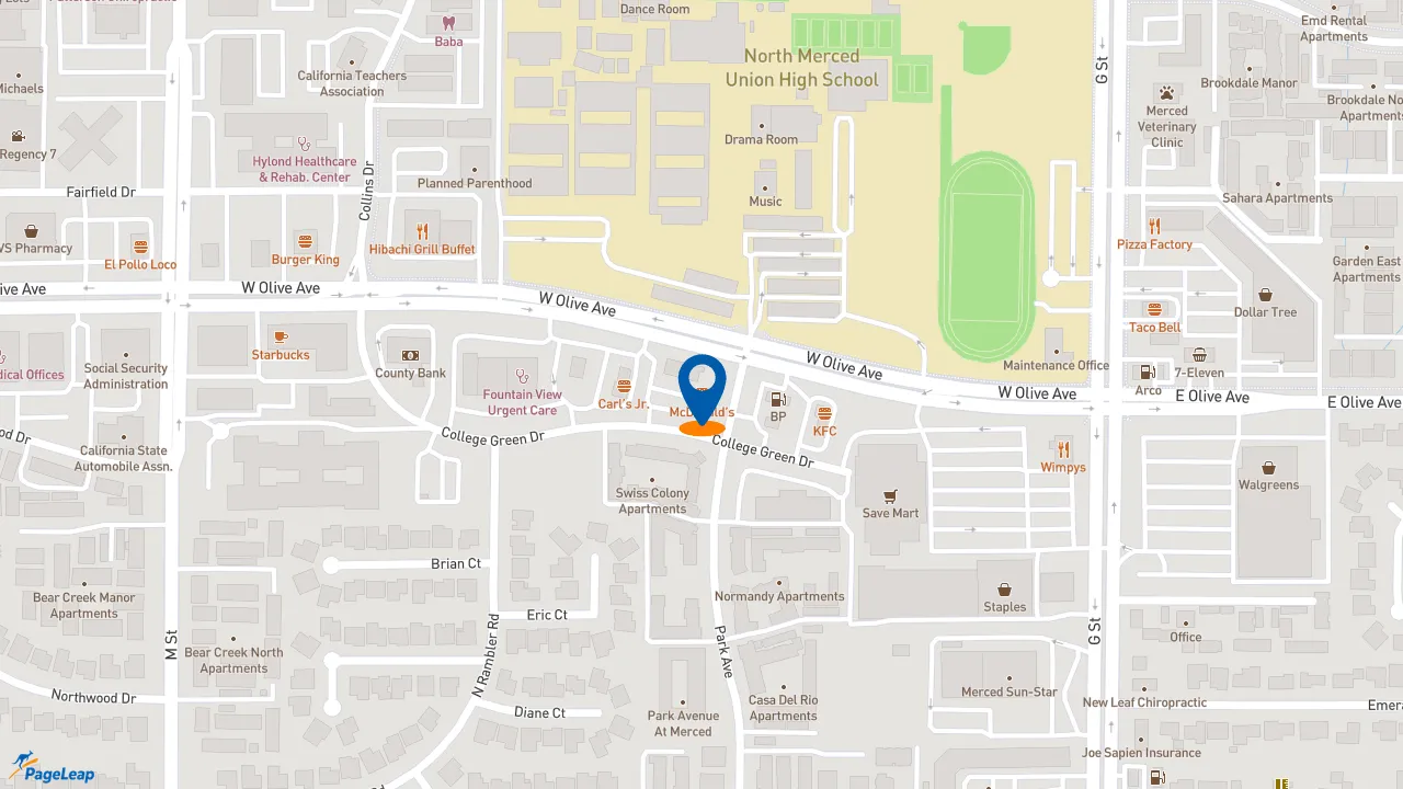 https://pageleap.com map showing location of McDonald&#039;s in Merced.