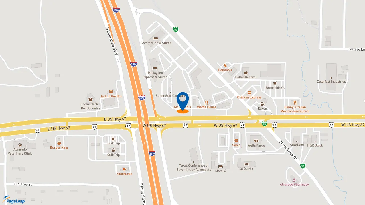 https://pageleap.com map showing location of McDonald&#039;s in Alvarado.