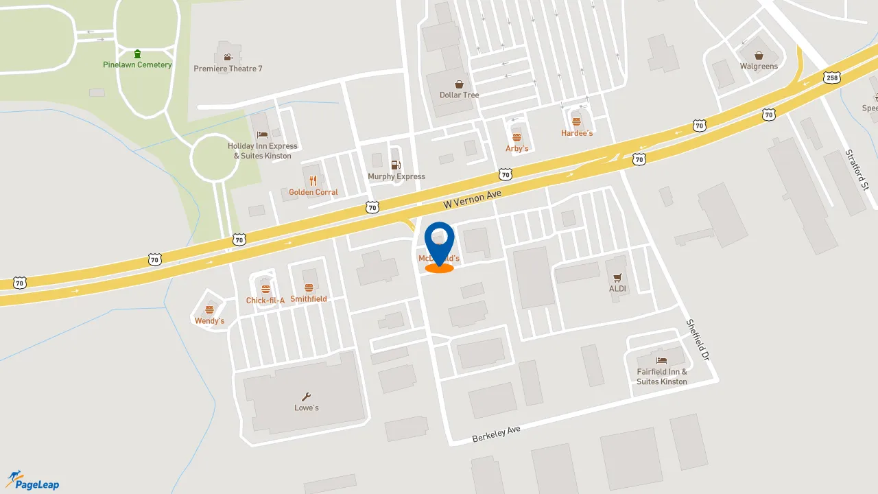https://pageleap.com map showing location of McDonald&#039;s in Kinston.