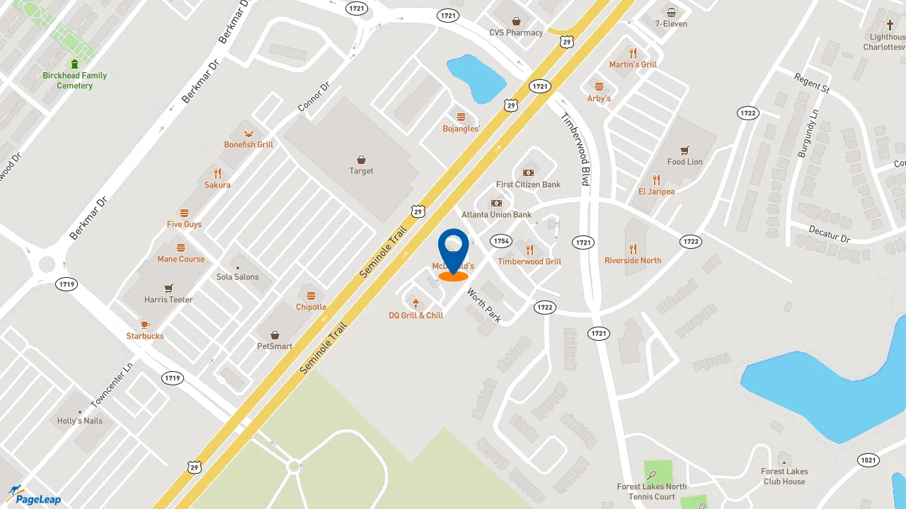 https://pageleap.com map showing location of McDonald&#039;s in Charlottesville.