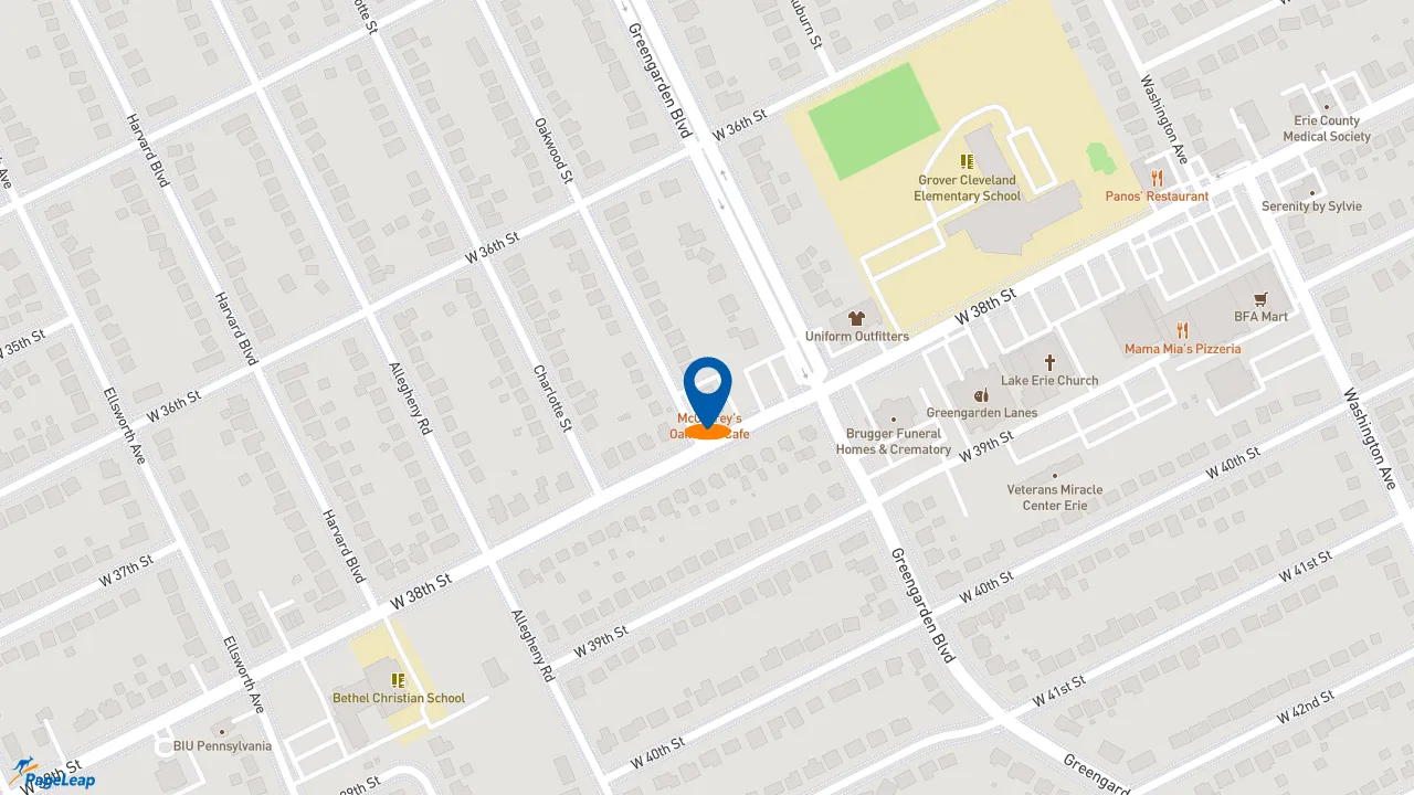 https://pageleap.com map showing location of McGarrey&#039;s Oakwood Cafe in Erie.