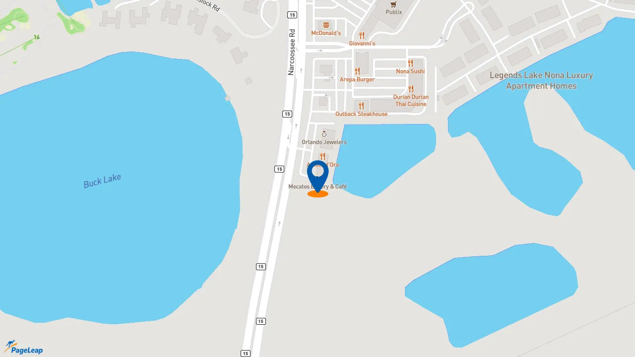 https://pageleap.com map showing location of Mecatos Bakery &amp; Café in Orlando.