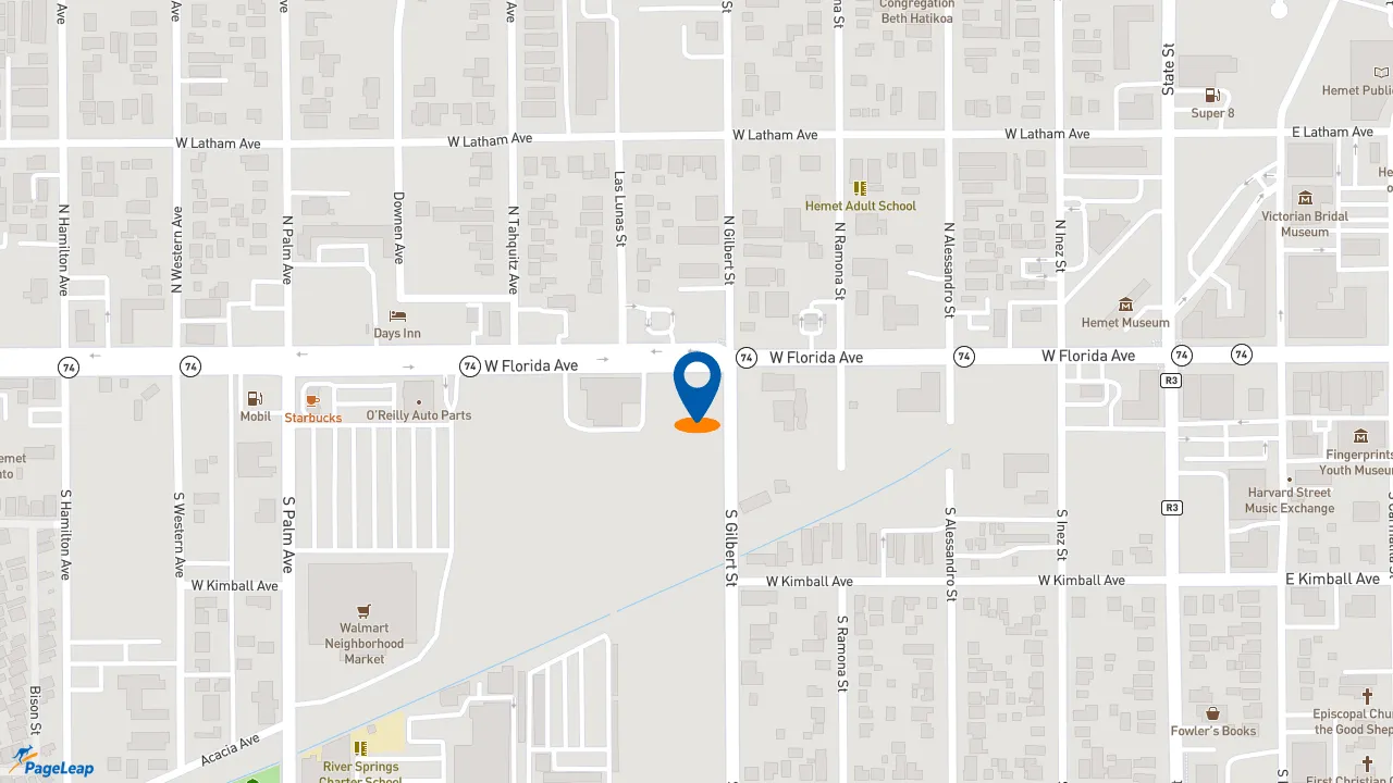 https://pageleap.com map showing location of Midas in Hemet.