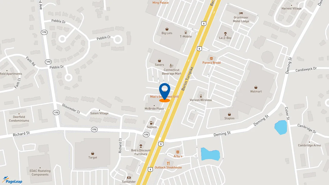 https://pageleap.com map showing location of Moe&#039;s Southwest Grill in Newington.