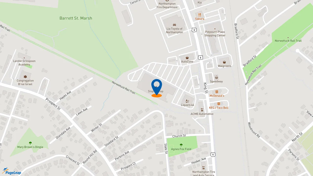 https://pageleap.com map showing location of Moe&#039;s Southwest Grill in Northampton.