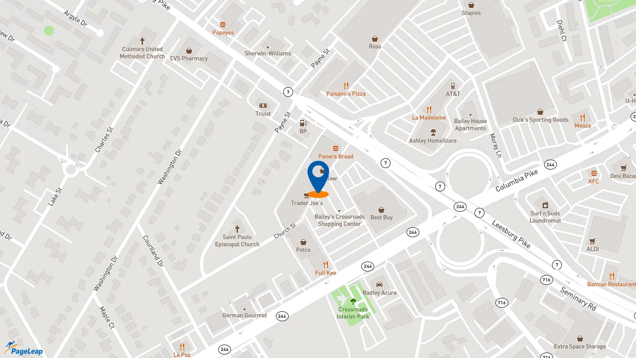 https://pageleap.com map showing location of Moe&#039;s Southwest Grill in Falls Church.