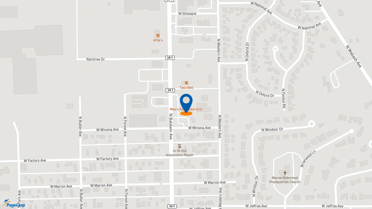 https://pageleap.com map showing location of Moe&#039;s Southwest Grill in Marion.