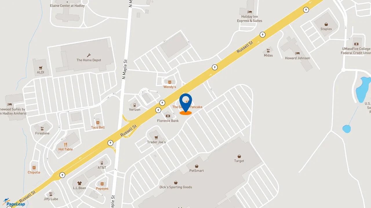 https://pageleap.com map showing location of Moe&#039;s Southwest Grill in Hadley.