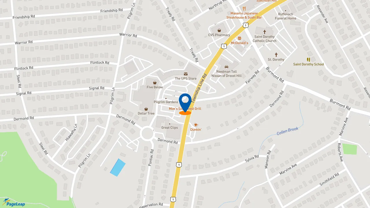 https://pageleap.com map showing location of Moe&#039;s Southwest Grill in Drexel Hill.