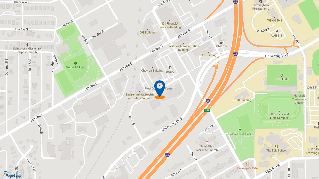 https://pageleap.com map showing location of MOOYAH Burgers, Fries &amp; Shakes in Birmingham.